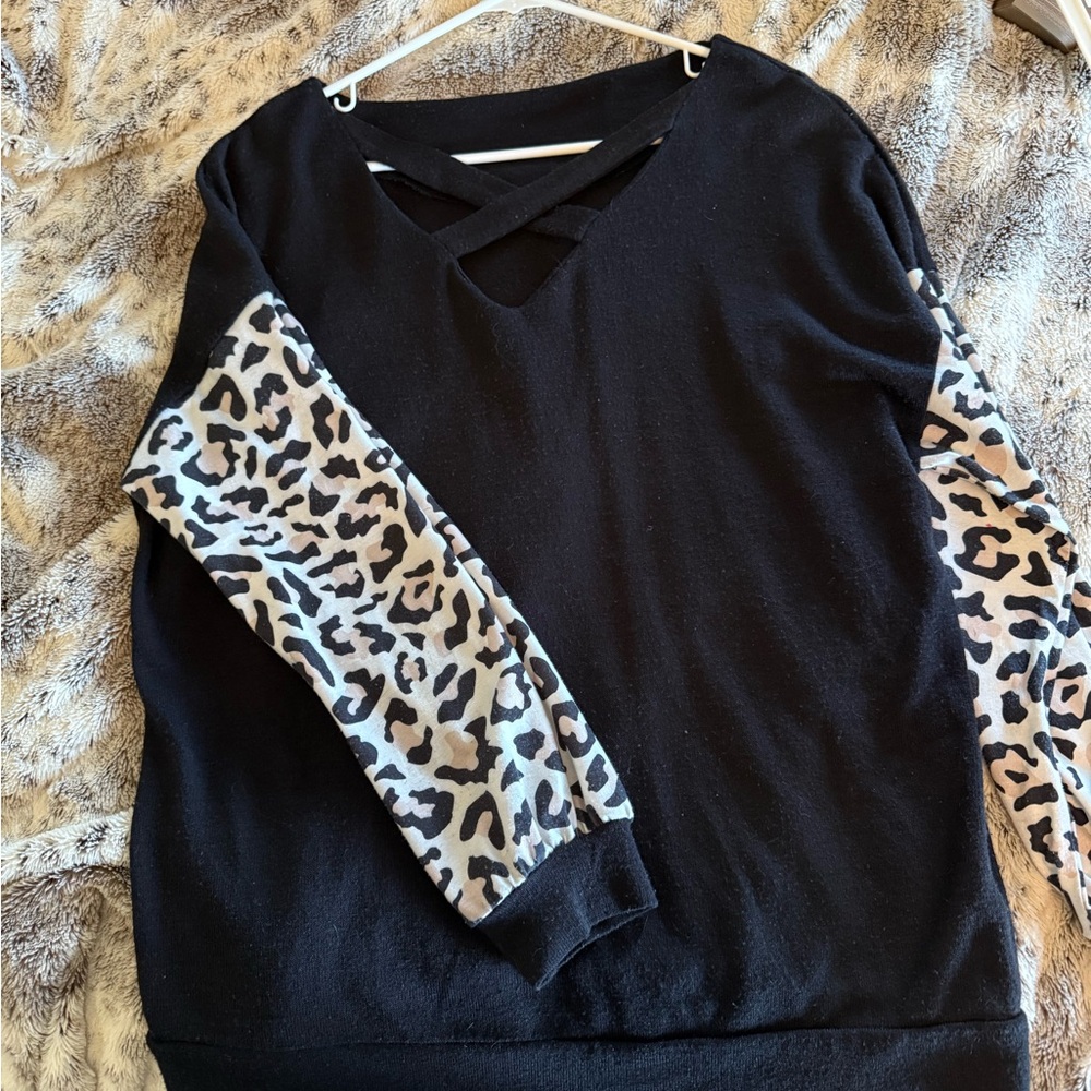 Black Sweater with Leopard Print Sleeves